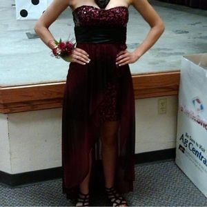 Short front long back prom dress. Strapless